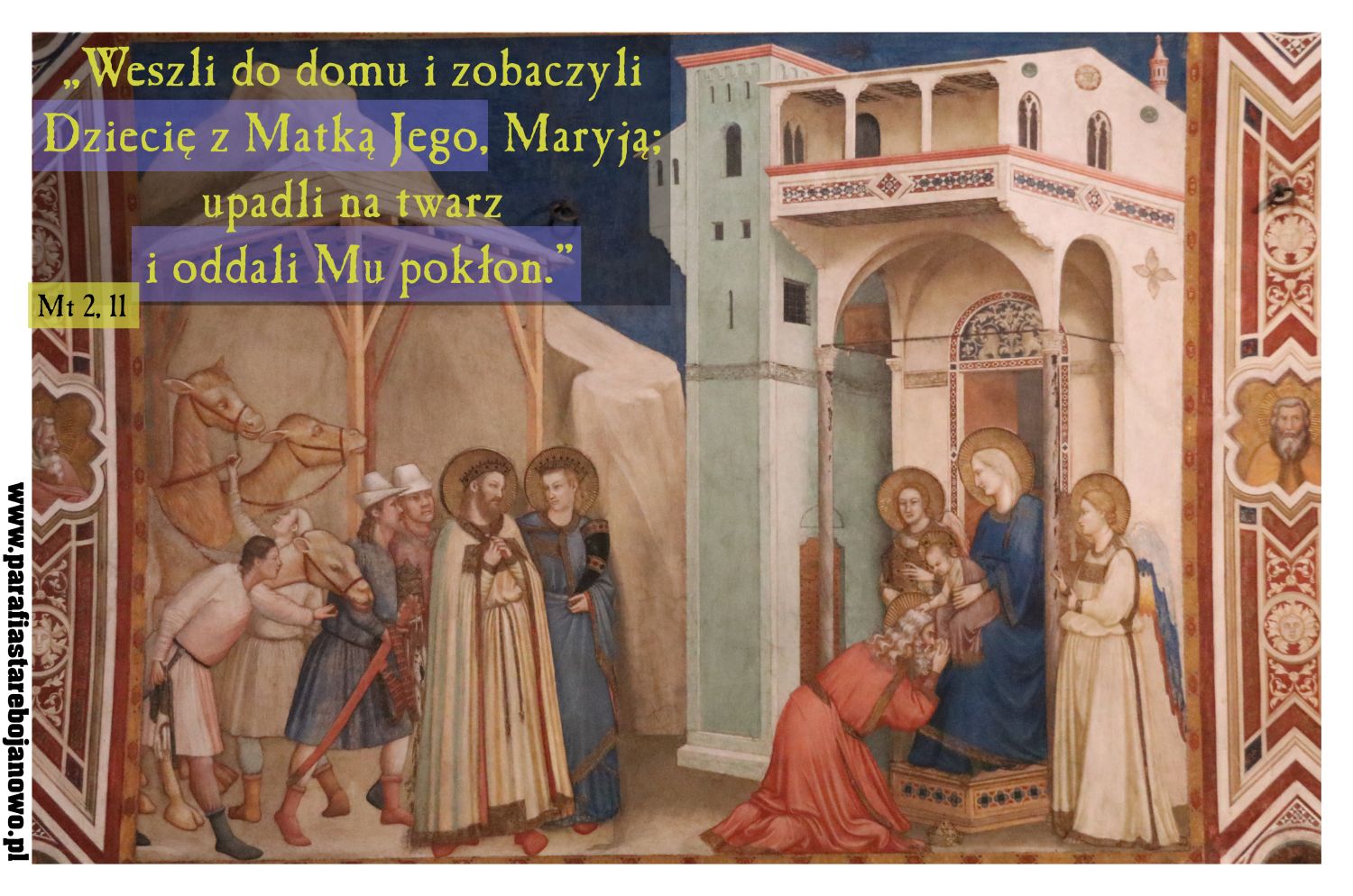 Pokłon Trzech Króli, Fresk, XIII w., Giotto di Bondone, Bazylika św. Franciszka, Asyż, Włochy. 
