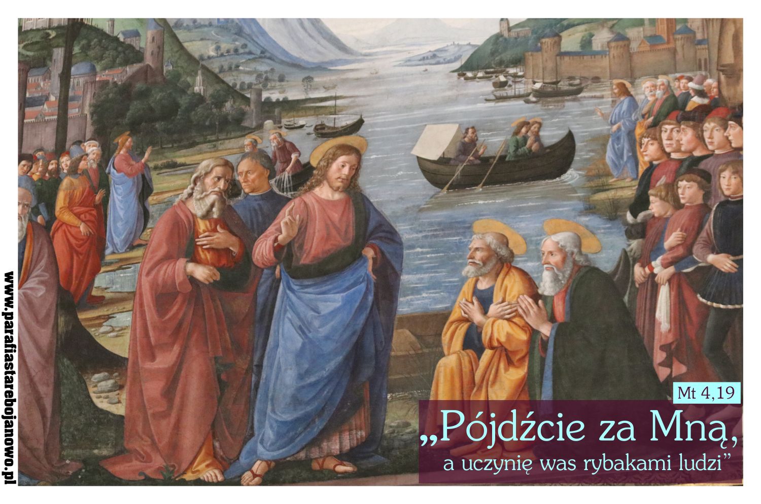 „Powołanie apostołów Andrzeja i Piotra”, fragment fresku Domenica Ghirlandaia (XV wiek), Kaplica Sykstyńska, Watykan, Włochy