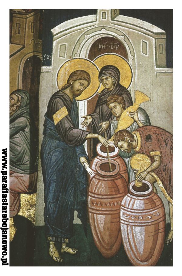 "Cud w Kanie Galilejskiej" - fresk z około 1340 roku, kościół Wniebowstąpienia Decani, Serbia. 